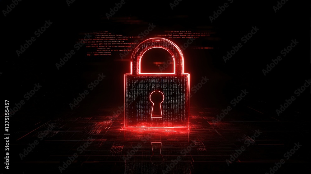 Poster glowing red lock icon representing a ransomware attack, with digital malware code floating in the ba