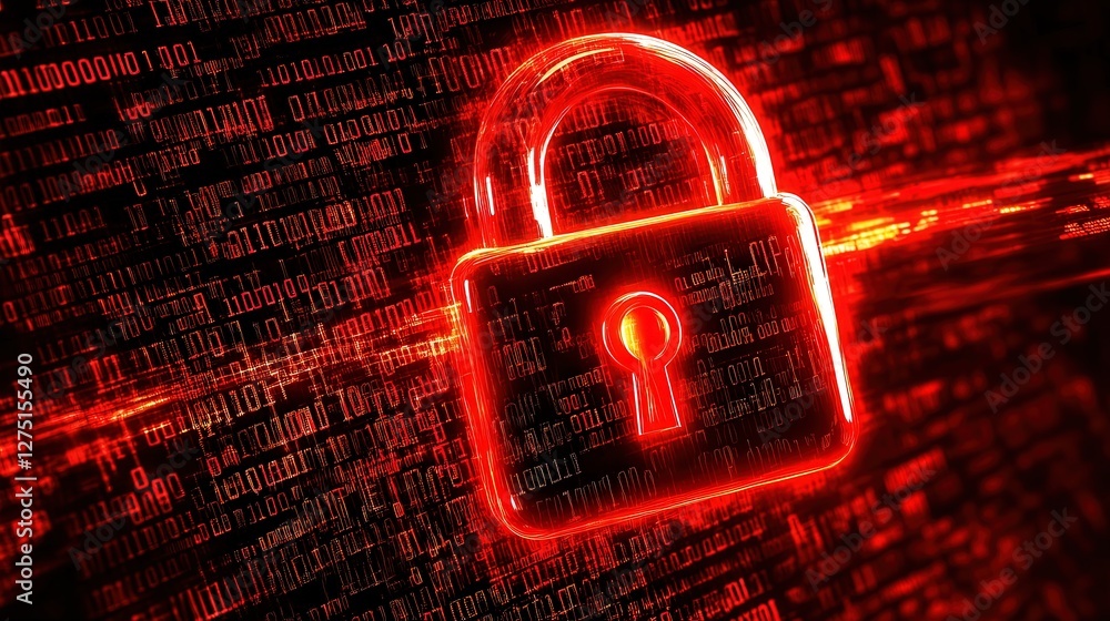 Poster glowing red lock icon representing a ransomware attack, with digital malware code floating in the ba