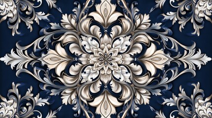 Luxurious medallion artwork, intricate cream details, deep blue background pattern, elaborate baroque design, vintage damask aesthetic, symmetrical floral elements, refined ornamental composition,