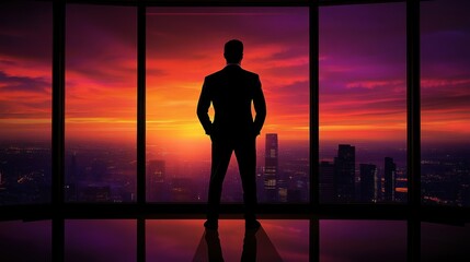 Fototapeta premium man in suit silhouette at sunset over city skyline