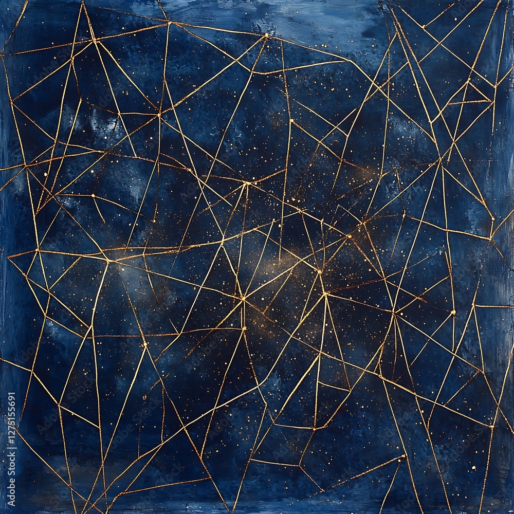 Poster a captivating abstract artwork featuring intricate gold lines over a deep blue cosmic background, sy