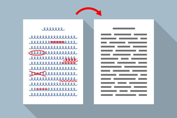 Handwritten text with red markings and clean typed text