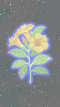 Vintage illuminated yellow tecoma flower with starry and grunge texture motion background. Mystical floral backdrop.	