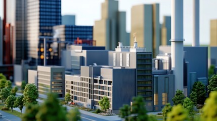 Fototapeta premium Modern Cityscape with Industrial Power Plant: A Blend of Urban Development and Energy Infrastructure
