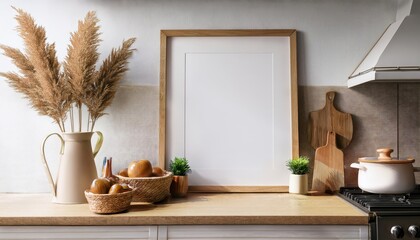 3D Render Farmhousestyle Kitchen Interior Mockup Poster Frame in Warm and Inviting Scene, Showcasing a Cozy Corner in Rusticchic Decor, Perfect for Digital Art, Home Decor, or Design Inspiration.