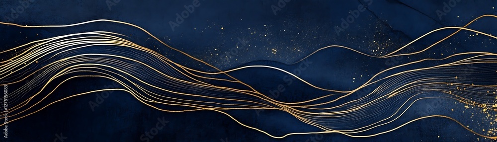 Poster a captivating abstract design featuring flowing lines in gold against a deep blue background