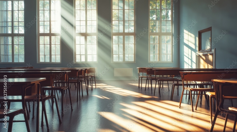 Poster sunlit classroom with empty desks