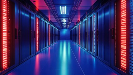 Futuristic hallway showcasing illuminated servers in a vibrant color scheme, futuristic hallway with blue and red lights, futuristic data center might look like