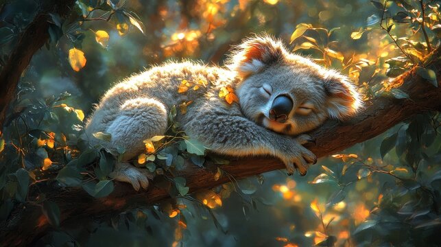 Sleepy Koala Napping in Sunlight, Australian Wildlife