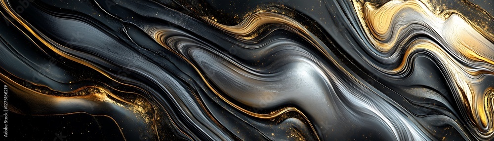 Poster a captivating abstract design featuring smooth waves of gold and black, creating an elegant and luxu