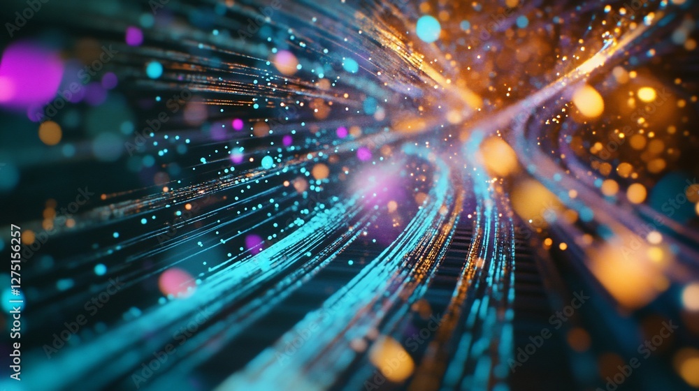 Poster abstract digital network visualization with flowing lines and colorful bokeh particles