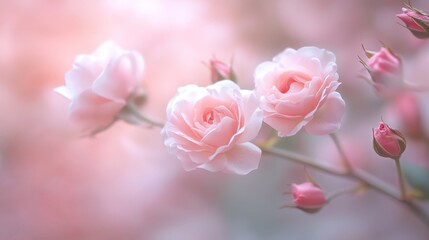 Delicate spring floral design, soft pink rose pattern, ethereal cherry blossom motifs, gentle pastel background, flowing feminine aesthetic, tender botanical illustration, subtle blush tones, elegant