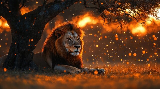 Majestic lion resting under tree at sunset, glowing fireflies. Stock photo