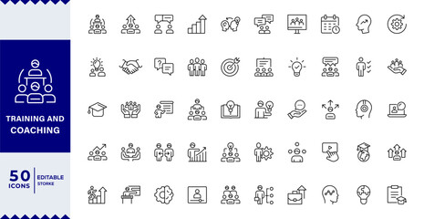 Training and Coaching Line Editable Icons set. Vector illustration in modern thin line style of education related icons:  coaching, mentoring, education,Outline icon collection. Editable stroke.