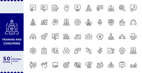 Training and Coaching Line Editable Icons set. Vector illustration in modern thin line style of education related icons:  coaching, mentoring, education,Outline icon collection. Editable stroke.