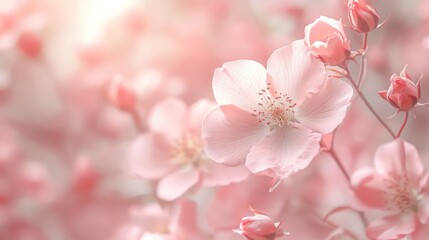 Obraz premium Romantic spring pattern, soft blush background, delicate floral motifs, tender rose illustration, ethereal cherry blossom design, gentle pastel composition, feminine botanical elements, elegant petal