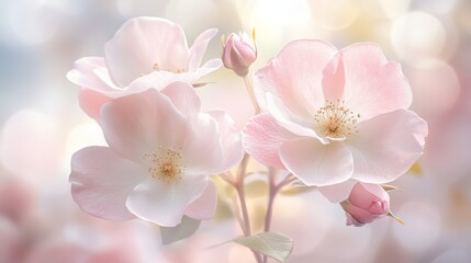 Ethereal floral background, tender pink blooms, soft spring pattern, delicate rose motifs, gentle botanical design, romantic pastel palette, feminine petal composition, elegant blossom illustration,