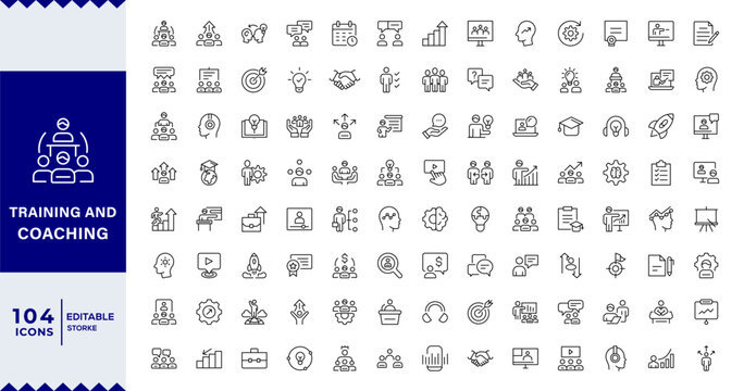 Training and Coaching Line Editable Icons set. Vector illustration in modern thin line style of education related icons:  coaching, mentoring, education,Outline icon collection. Editable stroke.