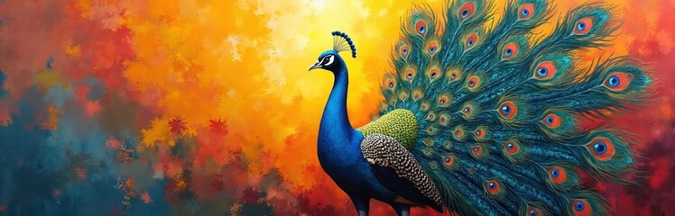 Fototapeta premium Colorful detailed painting of peacock displaying vibrant feathers fan against abstract mix of orange, yellow, blue hues. Peacock head, neck visible in wildlife nature animal pattern art.