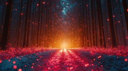 Magical forest path illuminated by red particles