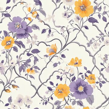 Spring meadow floral wallpaper, elegant ogee trellis pattern, naturalistic garden flowers, pastel purple and orange blooms, precise botanical illustration, verdant foliage, harmonious repeating design