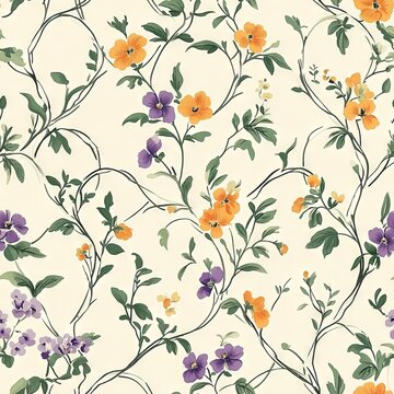Spring meadow floral wallpaper, elegant ogee trellis pattern, naturalistic garden flowers, pastel purple and orange blooms, precise botanical illustration, verdant foliage, harmonious repeating design