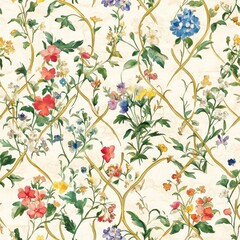 European garden pattern, intricate floral lattice, watercolor botanical motif, delicate wildflower arrangement, ornamental golden framework, natural color palette, detailed plant studies, seamless