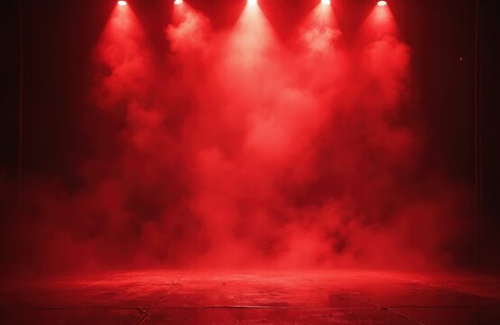 Dramatic dark stage with red fog, spotlights. Eerie spooky atmosphere. Perfect background concert, show, presentation. Intense vivid red lights. Halloween concept. Mystical background footage.