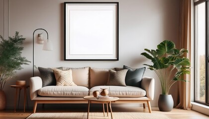 Scandinavian Style Living Room Interior Cozy Mockup Poster Frame Showcases Warm Minimalism with Natural Textures and a Hygge Aura