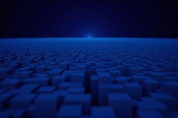 Naklejka premium 3D rendering of futuristic cityscape blue cubes at night