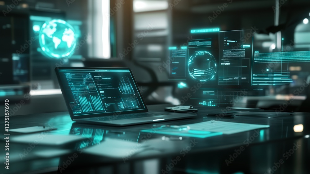 Poster business desk with a laptop, where digital invoices, contracts, and data files hover in a 3d interfa