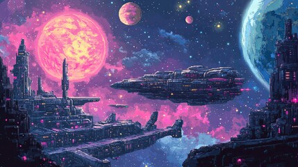 Obraz premium Futuristic Space Cityscape With Spaceships And Planets