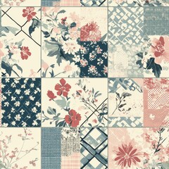 Vintage patchwork design, floral fabric pattern, cottage core aesthetic, handcrafted textile illustration, quilted geometric layout, soft muted colors, traditional craft motif