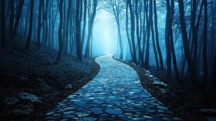 Fototapeta premium Cognitive decline concept. Mysterious pathway through a foggy, dark forest at twilight.