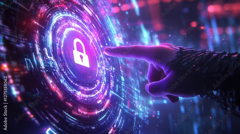 Poster digital interface displaying a holographic lock symbol, with a hand pointing at it for secure authen