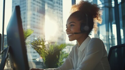 happy customer service representative working at computer