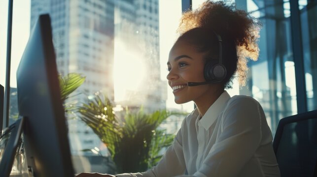 happy customer service representative working at computer