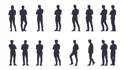 Professional silhouettes collection, minimalist business figures, confident standing poses, crossed arms posture, clean vector illustration, modern corporate style, simple white backdrop