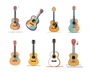 Naklejka premium Icons sets collection of colorful illustrated acoustic guitars with unique designs and patterns, arranged in two rows on a light background, showcasing a variety of artistic styles and creativity.