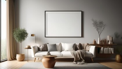 Modern Scandinavian Style Living Room 3D CloseUp of Mockup Poster Frame Amidst a Minimalistic Interior Background