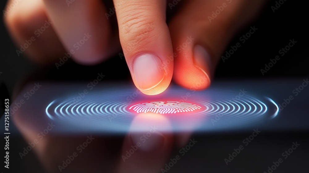 Poster security interface with a fingerprint scanner and a lock icon, as a hand reaches to activate it. -