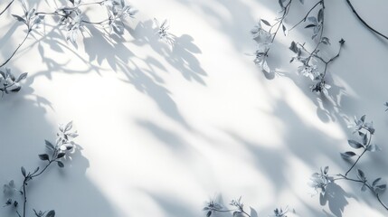 Elegant display surface, gentle floral shadow patterns, pure white backdrop, diffused natural light, minimal product setting, dreamy summer atmosphere, abstract botanical elements