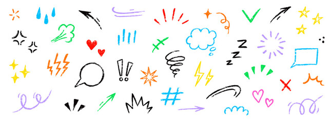 Line movement comic element, cartoon emotion mark effect decoration icon. Hand drawn cute doodle line element arrow, heart, speech bubble. Anime movement, express shape. Vector illustration