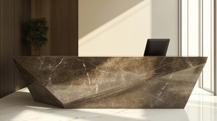 modern geometric marble reception desk in luxury lobby