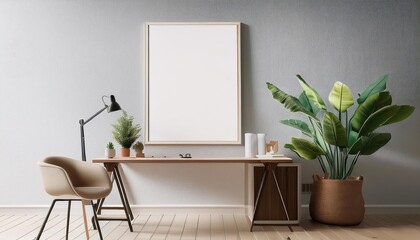Stylish Scandinavian Home Office Setting Modern Interior Backdrop with Minimalist Design, Invoking a Sense of Peace and Tranquility in the Heart of a Contemporary Space