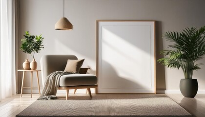 Modern Mockup Poster Frame in Contemporary Living Room Interior Space with a Sleek Minimalist Backdrop at Twilights Soft Glow