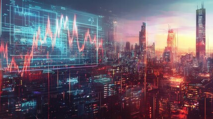 Obraz premium holographic heartbeat monitor surges erratically over a cityscape, the panicked movements of traders below captured in its spikes.