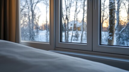 Scandinavian Minimalist Bedroom Window View with Snowy Winter Landscape