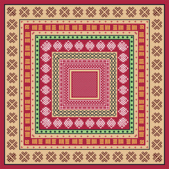 A colorful square pattern featuring layered geometric designs in red, green, beige, and intricate motifs.