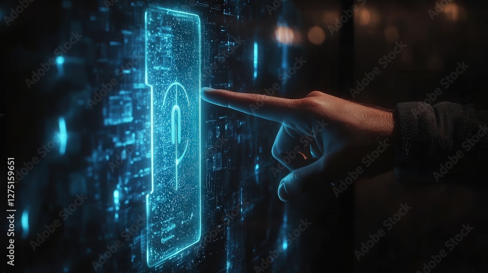 Poster holographic security lock glowing on a dark background, with a hand pointing at it to ensure data pr